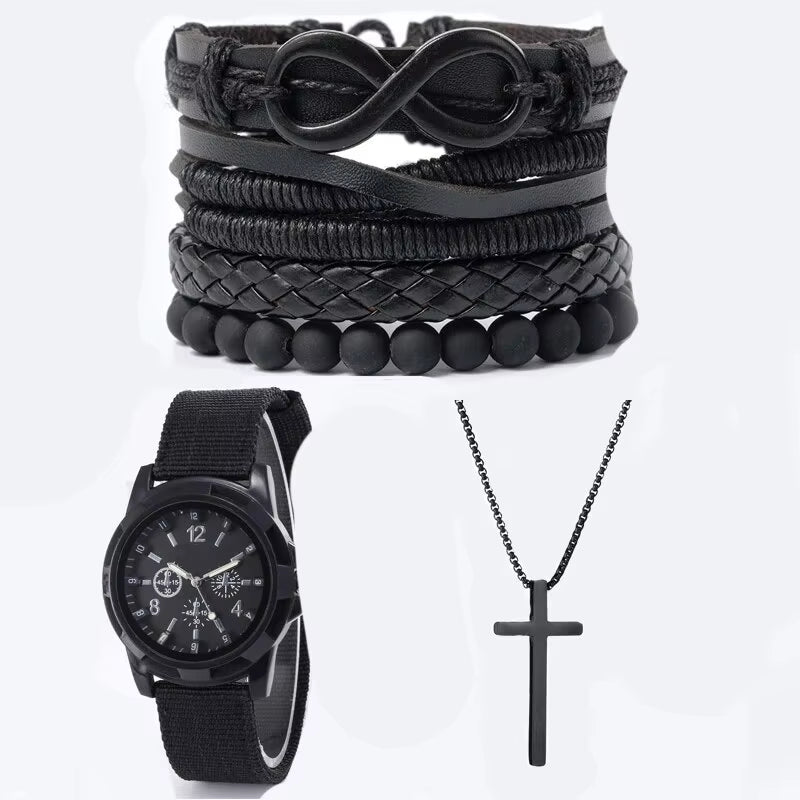 6Pcs_Set Fashionable Pu Leather '8' Shape Beaded Bracelet with Mechanical Watch, Cross Pendant Necklace for Men, Black-Colored