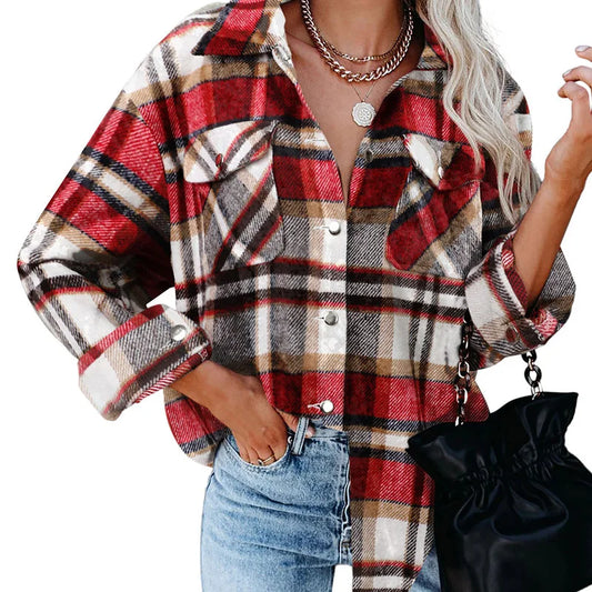 Winter Fleece Jacket Women Plaid Coat Fall Warm Checkered Outerwear Fall Female Long Sleeve Tops Shirt Women Fashion Jacket 2021