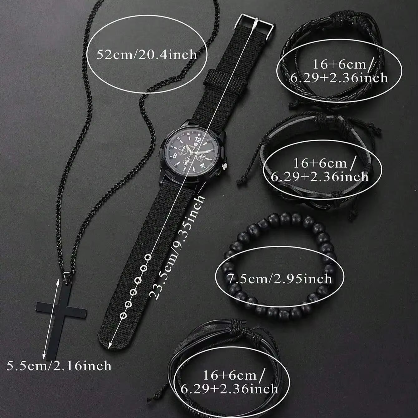 6Pcs_Set Fashionable Pu Leather '8' Shape Beaded Bracelet with Mechanical Watch, Cross Pendant Necklace for Men, Black-Colored