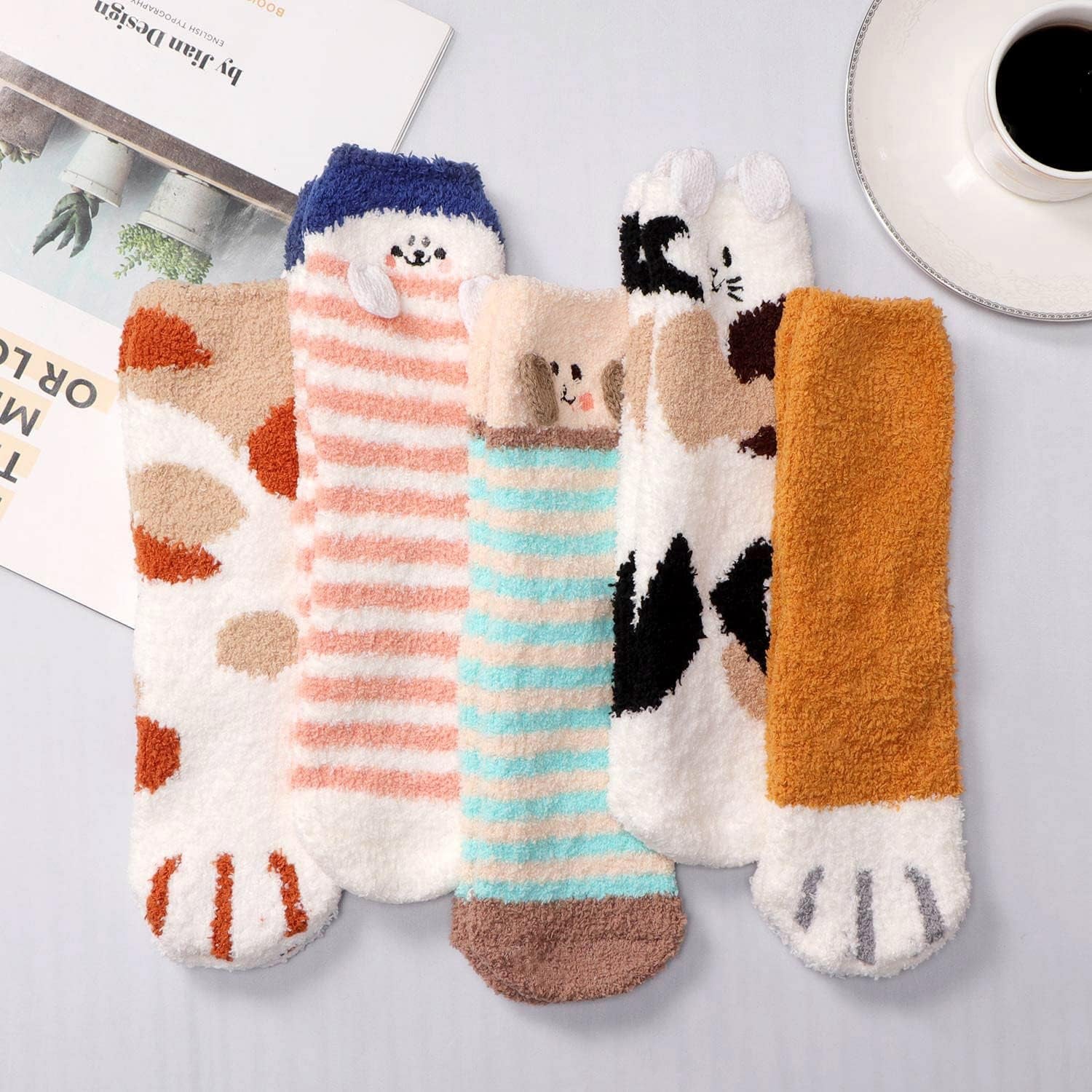 Fuzzy Slipper Socks for Women Fluffy Warm Non Slip Cozy Socks with Grips Winter Girls Soft Socks 5 Pairs